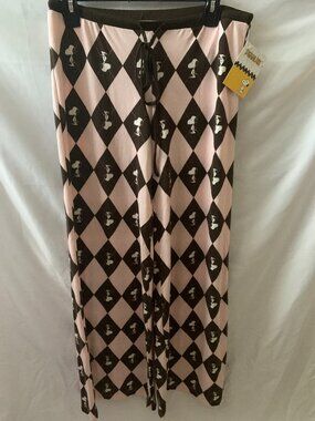 PEANUTS Snoopy Argyle Knit Wide Leg Lounge Pants in Brown/Pink Sz LARGE